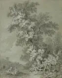 Jacob Philipp Hackert, Landscape with two Women Resting, Black chalk, heightened with white on toned paper