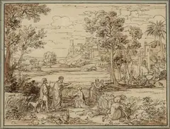 Joseph Anton Koch, Landscape with Ruth and Boaz in the Field, Pen in black, brush in brown over pencil
