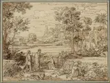 Joseph Anton Koch, Landscape with Ruth and Boaz in the Field, Pen in black, brush in brown over pencil