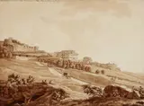 Albert Christoph Dies, View of Castel Gandolfo, Pen-and-ink drawing in black, brush in brown on laid paper, mounted on green cardboard