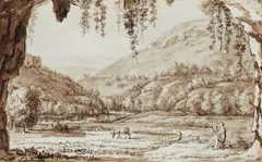 Ludwig Philipp Strack, Arcadian Landscape with Apollo Playing Music, Pen and brush in brown