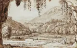 Ludwig Philipp Strack, Arcadian Landscape with Apollo Playing Music, Pen and brush in brown