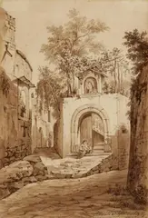 Karl Ludwig Frommel, Gate of a House in Sorrent, Pen and wash in brown