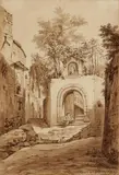 Karl Ludwig Frommel, Gate of a House in Sorrent, Pen and wash in brown