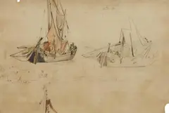 Friedrich Nerly, Two Fishing Boats in the Lagoon of Venice, Pencil drawing, partly watercoloured and heightened with white