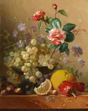 Georgius Jacobus Johannes van Os, Still Life with Grapes in a Silver Dish, Camelia Sprig, Lemon, Bell Pepper, Chestnuts, and Nuts on a Marble Slab, Oil on canvas
