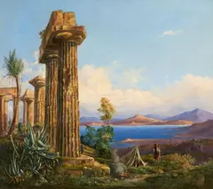 attributed to Ludwig Lange, Temple of Poseidon at Cape Sounion, Oil on canvas (relined)