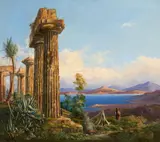 attributed to Ludwig Lange, Temple of Poseidon at Cape Sounion, Oil on canvas (relined)