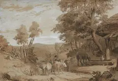 Hans Thoma, Farm in the Black Forest, Pen and brush in brown, chalk in white