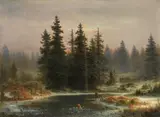 Andreas Achenbach, Landscape with pines and a Hunter, Oil on canvas