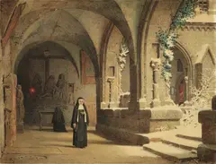 Adolf Seel, Cloister with two Nuns, Watercolour