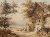 Johann Jakob Meyer, Alpine Landscape in Summer with Staffage, Watercolour over pencil