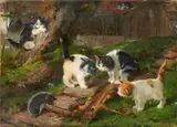 Julius Anton Adam, Four Kittens and a Hedgehog, Oil on canvas
