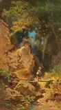 Carl Spitzweg, Landscape with a Girl over a Bridge, Oil on card