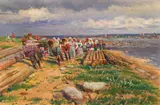 Vladimir Makovsky, Woodworkers on the banks of the Volga accompanied by women, Oil on panel