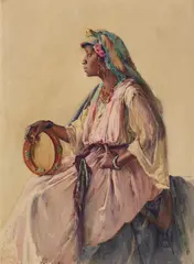 Alphonse Birck, Algerian Dancer holding a Tambourine, Watercolour over pencil on paper