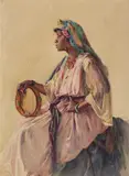 Alphonse Birck, Algerian Dancer holding a Tambourine, Watercolour over pencil on paper