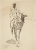 Wilhelm Kuhnert, Oriental Man Riding a Camel, Chalk in black on laid paper