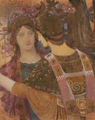 Constant Montald, Two Ladies in Byzantine Attire, Tempera and gold pigment on card