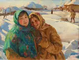 Sychkov, Two Young Women in a Winter Landscape, Oil on canvas
