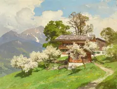 Edward Harrison Compton, Cottage with Blossoming Fruit Trees, Oil on canvas