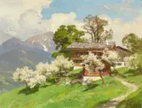 Edward Harrison Compton, Cottage with Blossoming Fruit Trees
