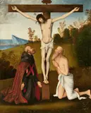Bernardino Zaganelli, Christ on the Cross with Saint Jerome and an Augustinian Monk, Oil on panel