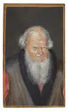 Georg Gärtner the Elder, Portrait of Hans Sachs, Gouache on thin cardboard, playing card printed in woodcut technique on verso, 9 of clubs