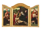 Flemish Triptych with the Lamentation and Cologne Donor Portraits by studio of Antwerp School Bartholomaeus Bruyn the Elder, Oil on panel (parquetted). Central panel, sold May 2023