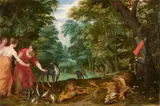 Diana's Nymphs after the Hunt by Jan Brueghel the Younger Hendrick van Balen, Oil on panel (parquetted), sold May 2023