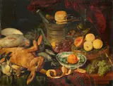 Still Life with Game, an Amsterdam Bronze Mortar and Fruit by studio of Probably Jan Davidsz. de Heem, Oil on panel (parquetted), sold May 2023