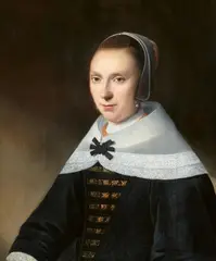 Portrait of a Young Woman with Pearl Earrings and a Gold Necklace, in a Black Dress with a Bodice and Black Bow by Anthonie Palamedesz., Oil on panel, offered May 2023