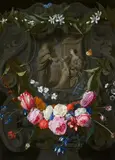 Andries Bosman, St. Anne handing Grapes to the Virgin and Child. Grisaille Cartouche in a Wreath, Oil on copper