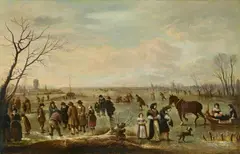 attributed to Aert van der Neer, Ice Skaters, Oil on canvas (relined)