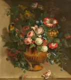 Still Life with Flowers in a Vase and a Parrot by circle of Jean-Baptiste Monnoyer, Oil on canvas (relined), offered May 2023