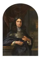Eglon van der Neer, Portrait of a Man leaning on a Balustrade in a dark blue Cloak before a red Curtain with a Garden with Statues in the Background, Oil on panel