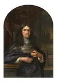 Eglon van der Neer, Portrait of a Man leaning on a Balustrade in a dark blue Cloak before a red Curtain with a Garden with Statues in the Background, Oil on panel