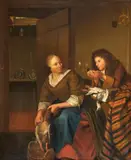 Interior with a Maid Plucking a Goose and a Boy by circle of Willem van Mieris, Oil on panel, sold May 2023