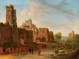 Jan van der Heyden circle of, Southern Capriccio with Fort, Ruins and Figures, Oil on panel