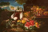 Still Life with Watermelon, Citrus Fruits, Figs, Pomegranates, Pumpkins, Cherries and other Fruits and Flowers, on a Ledge before a Panoramic Landscape by called Lo Spadino Giovanni Paolo Castelli, Oil on canvas (relined), offered May 2023