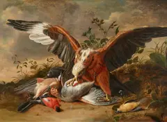 A hawk with his quarry: a Flemish jay, a male and a female bullfinch, and a grey partridge in a landscape with thistles and other wildflowers by Vermoelen Jacob Xavier, Oil on panel (parquetted), sold May 2023