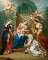 The Crowning of Saint Catherine of Alexandria, with Saint Apollonia and Saint Margaret of Antioch by Andries Beschey, Oil on panel, sold May 2023