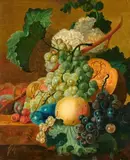 Gerrit Johan van Leeuwen, Still Life with Fruit and Flowers on a Stone Plinth, Oil on panel