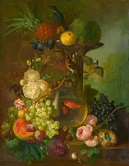 Jan van Os, Still Life with a Goldfish Bowl, Birds' Nests, Fruit and Flowers on a Stone Plinth, Oil on panel