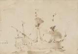 called Lorrain attributed to Claude Gellée, Five small sketches, Pen-and-ink drawing in brown on ribbed paper