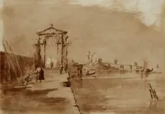 Francesco Guardi, Architectural Capriccio with ruined Archway and small Harbour with Pier, Pen and brush in brown (watermark 3 crescents)
