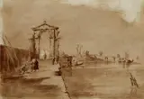 Francesco Guardi, Architectural Capriccio with ruined Archway and small Harbour with Pier, Pen and brush in brown (watermark 3 crescents)