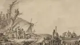 Johann Georg Wille, Landscape with Fishermen, Pen and brush in grey