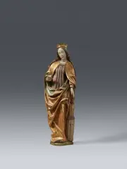 Probably Bavaria around 1480, A carved wood figure of St Barbara, presumably Bavaria, around 1480, Carved in the round. With partially overpainted older polychromy. Depiction of the saint standing in contrapposto, to be viewed from a slightly lowered viewpoint. St Barbara is depicted crowned and with her attribute, the tower, beside her. The quality of this sculpture is especially evident in the way in which the cloak drapes around the figure's body and the precise rendering of the saint's long, curling tresses. With a narrow vertical crack on the reverse. Losses to the crown, the hands presumably replaced. Wear throughout. Includes a modern round wooden plinth