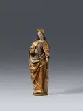 Probably Bavaria around 1480, A carved wood figure of St Barbara, presumably Bavaria, around 1480, Carved in the round. With partially overpainted older polychromy. Depiction of the saint standing in contrapposto, to be viewed from a slightly lowered viewpoint. St Barbara is depicted crowned and with her attribute, the tower, beside her. The quality of this sculpture is especially evident in the way in which the cloak drapes around the figure's body and the precise rendering of the saint's long, curling tresses. With a narrow vertical crack on the reverse. Losses to the crown, the hands presumably replaced. Wear throughout. Includes a modern round wooden plinth